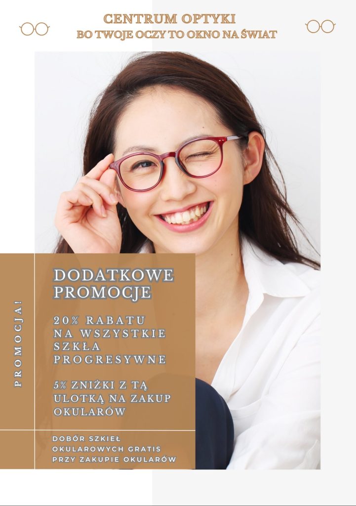 Radosna kobieta w czerwonych okularach dotykająca oprawki. Grafika promocyjna Centrum Optyki przedstawiająca dodatkowe promocje: 20% rabatu na szkła progresywne i 5% zniżki na zakup okularów.