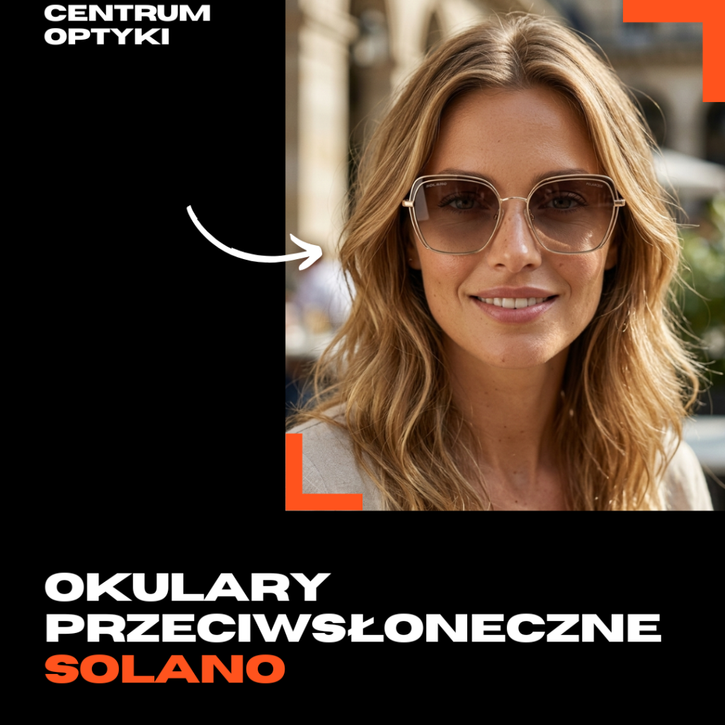 Uśmiechnięta blondynka w eleganckich kwadratowych okularach przeciwsłonecznych Solano z polaryzacją, w słoneczny dzień na ulicy w mieście. Po lewej stronie grafiki logo Centrum Optyki i napis Okulary przeciwsłoneczne Solano Optyk Białystok