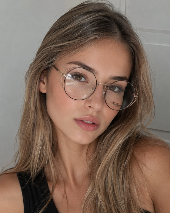 Hiperrealistyczny portret młodej kobiety o długich, jasnobrązowych włosach, patrzącej w obiektyw z delikatnym uśmiechem. Modelka ma na sobie duże, okrągłe okulary w cienkich złoto-brązowych oprawkach z widocznym logo „Bellessa Eyewear” na soczewce. Zdjęcie wykonano w miękkim, naturalnym świetle, na neutralnym tle, w estetyce modowej przypominającej profesjonalną sesję beauty.
