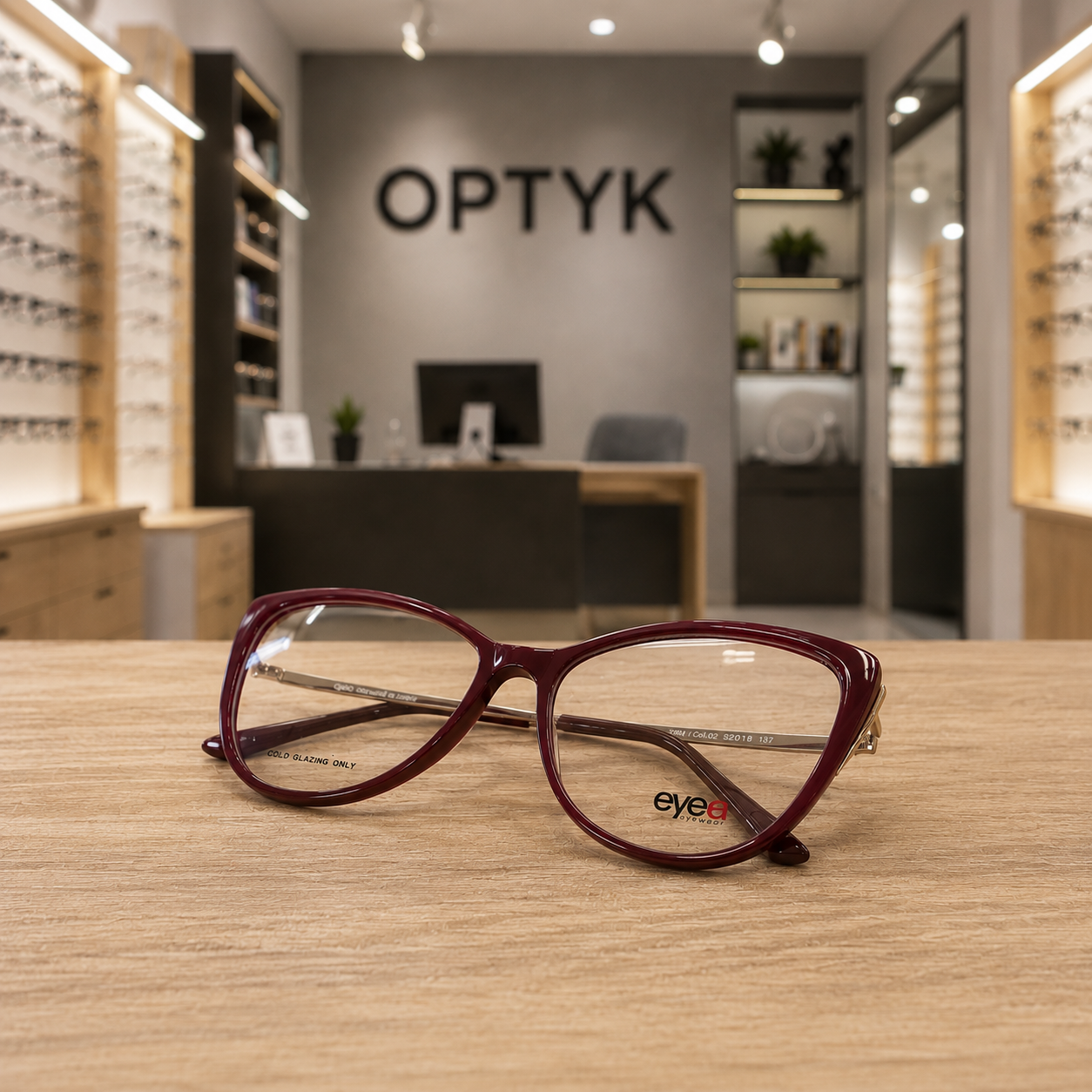 Bordowe damskie oprawki korekcyjne Evea Eyewear o kształcie cat eye z pełną oprawą z tworzywa.