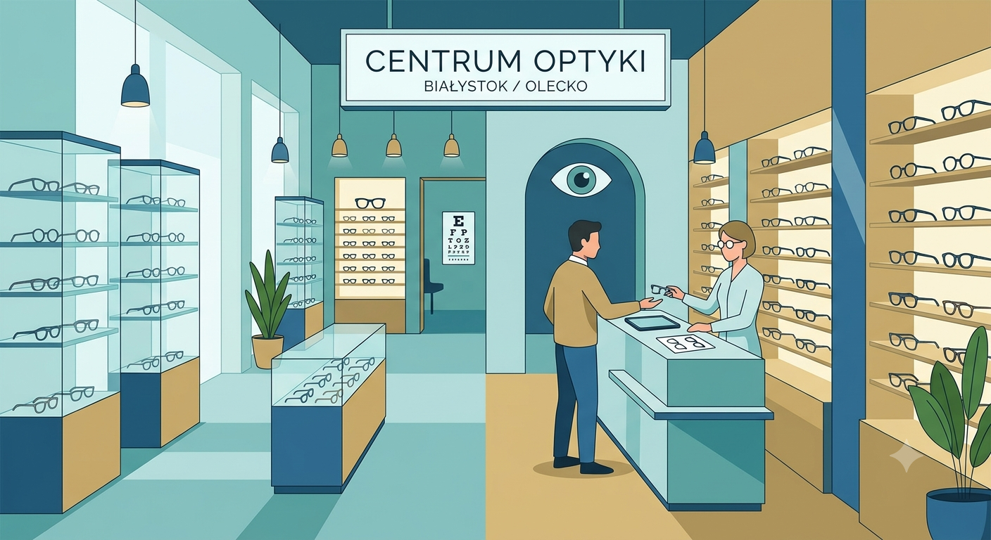 Minimalistyczna ilustracja wnętrza nowoczesnego salonu optycznego optyk Białystok, podzielona na strefę teal po lewej i ciepły beż po prawej. Centralnie wisi duży znak z napisem "CENTRUM OPTYKI", a pod nim "BIAŁYSTOK / OLECKO". Za ladą recepcyjną po prawej stoi optometrystka w białym fartuchu, rozmawiająca z klientem trzymającym oprawkę. W głębi, pod logiem oka, widać wejście do gabinetu z tablicą Snellena i fotelem. Liczne gabloty i półki są pełne minimalistycznych okularów. Styl jest czysty, uporządkowany i profesjonalny.