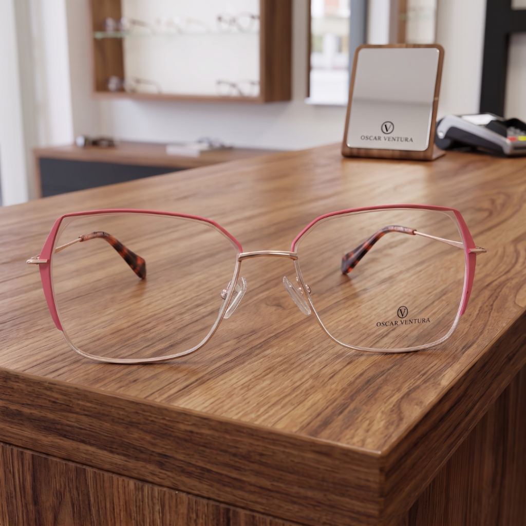 Eleganckie okulary korekcyjne marki Oscar Ventura z dużymi, geometrycznymi szkłami i cienką, metalową oprawką w kolorze złotym z różowymi akcentami na górnej krawędzi. Okulary leżą na gładkim, drewnianym blacie w salonie optycznym. W tle widać rozmyte wnętrze salonu z drewnianymi półkami na okulary, lusterkiem i terminalem płatniczym okulary Białystok i Olecko.