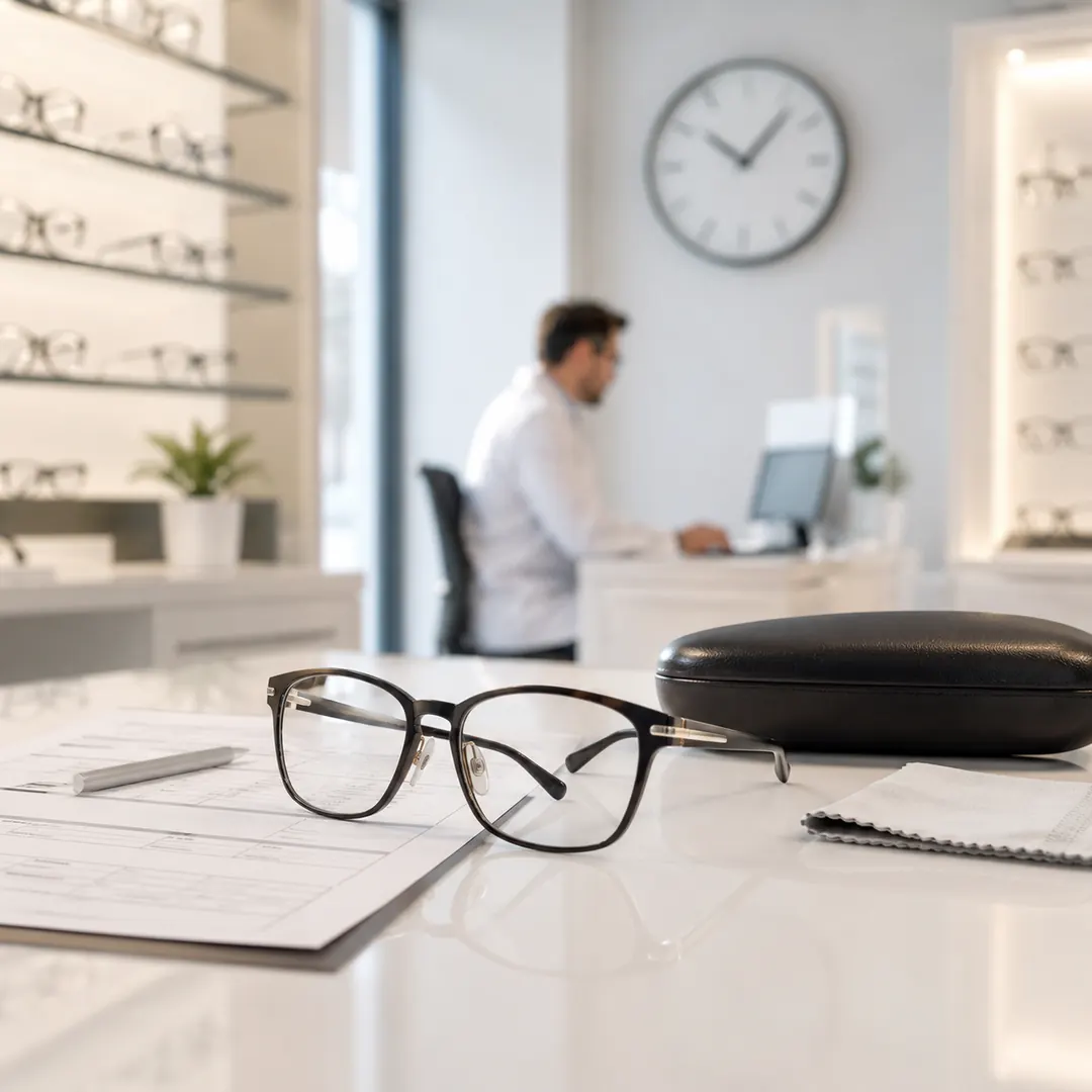 **Opis ALT:** Okulary korekcyjne na ladzie w salonie optycznym – ile czeka się na okulary u optyka.